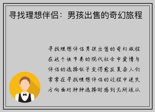 寻找理想伴侣：男孩出售的奇幻旅程